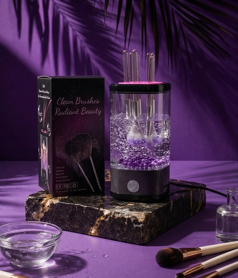 Makeup brush cleaner with brushes and packaging on a purple background