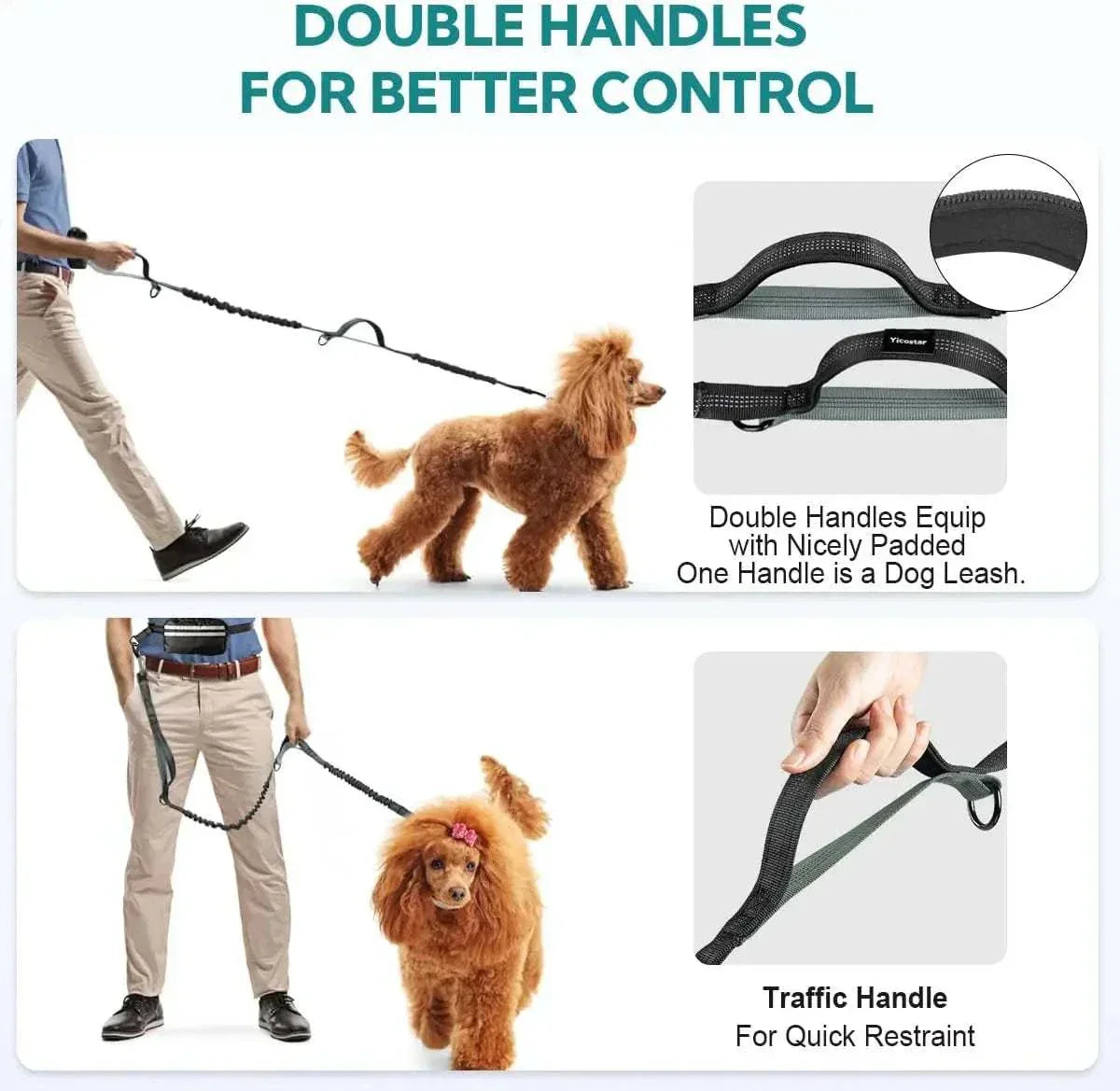 Men running with his dog using a hands-free adjustable dog leash with storage pouch.