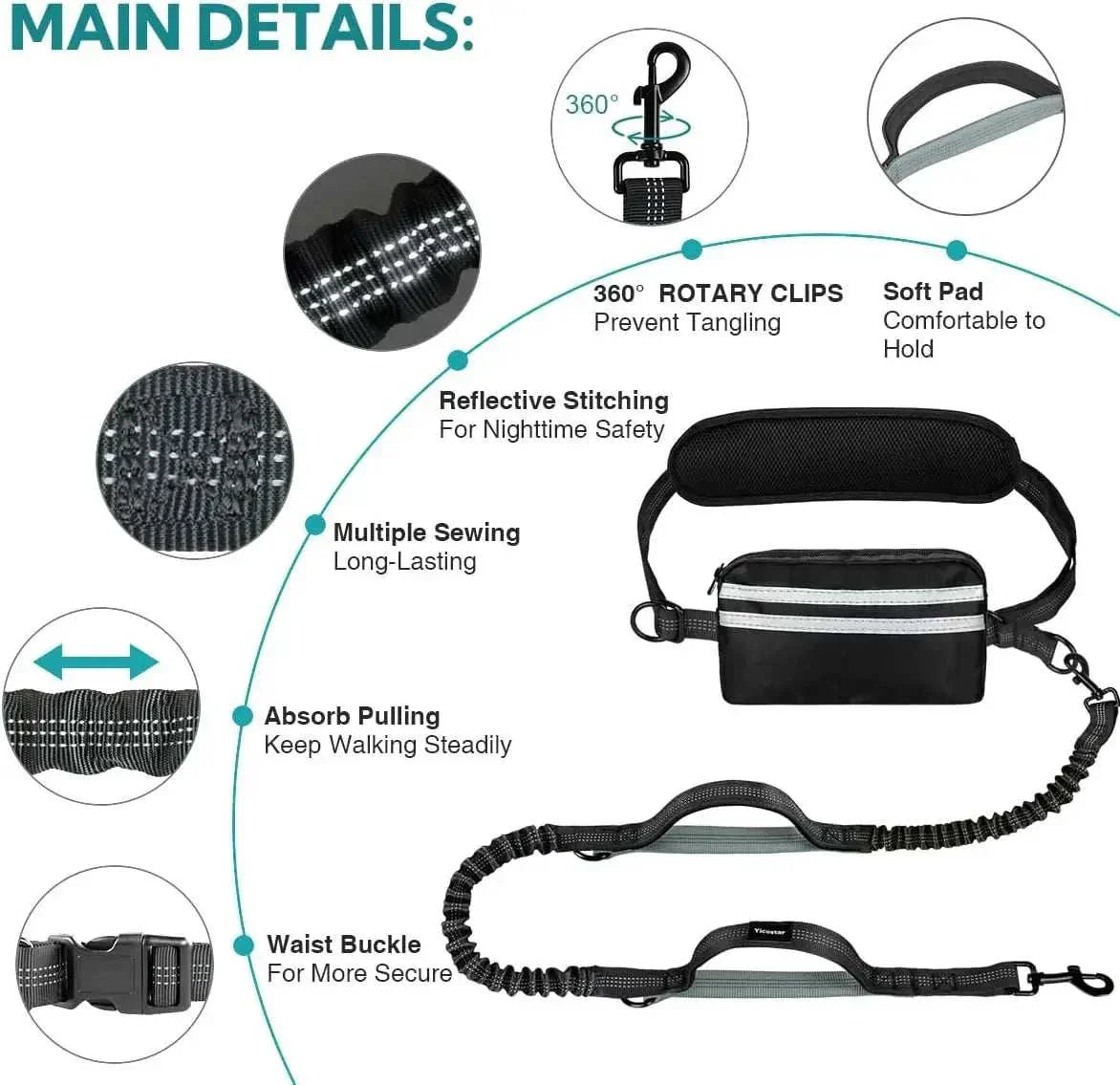 [New Upgraded] Premium Hands-Free Dog Leash – Retractable Bungee with Padded Handles, Phone Pouch & Poop Bag Dispenser (Large Dogs 25–120 lbs)