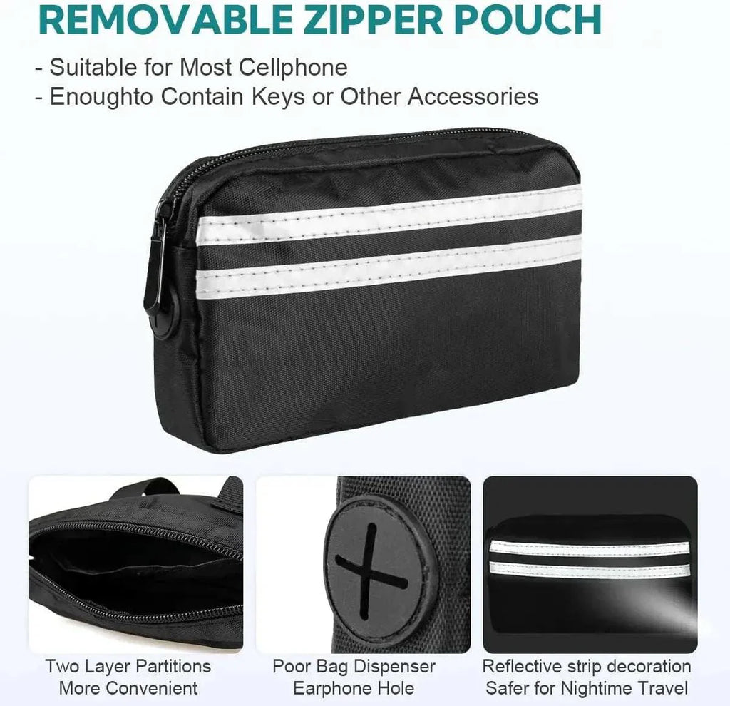 Close-up of the storage pouch on a hands-free dog leash, showing zipper and space for treats or keys.