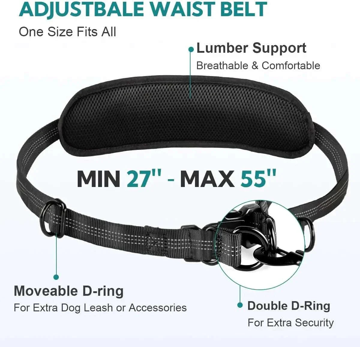 Elastic bungee section on a hands-free dog leash to absorb pulling force and protect the owner’s back.