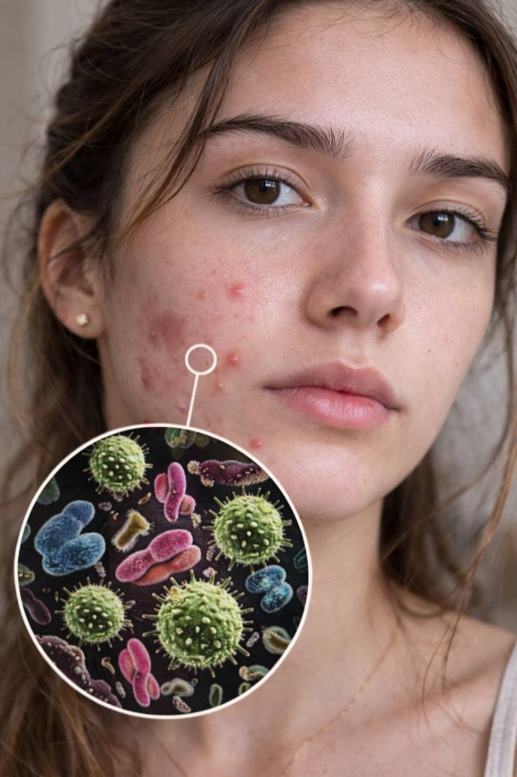 Woman with acne on her face, with a magnified inset showing acne-causing bacteria.
