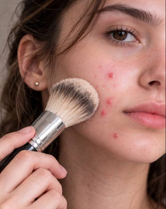 Woman applying makeup to her face with a brush, showing visible acne.